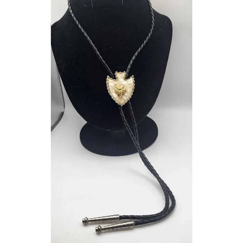 Boot Bolo Tie, Gold Tone Boot Boots on Faux Mother of Pearl Bolo Tie 34in